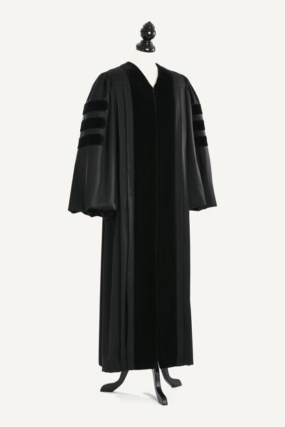 Doctoral Pulpit Robe — front view on bust and stand, studio photograph
