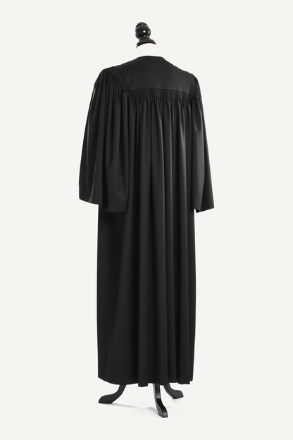 Principal US Judge Robe — back view on bust and stand, studio photograph