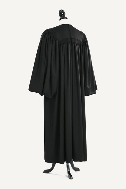Magisterial US Judge Robe — back view on bust and stand, studio photograph