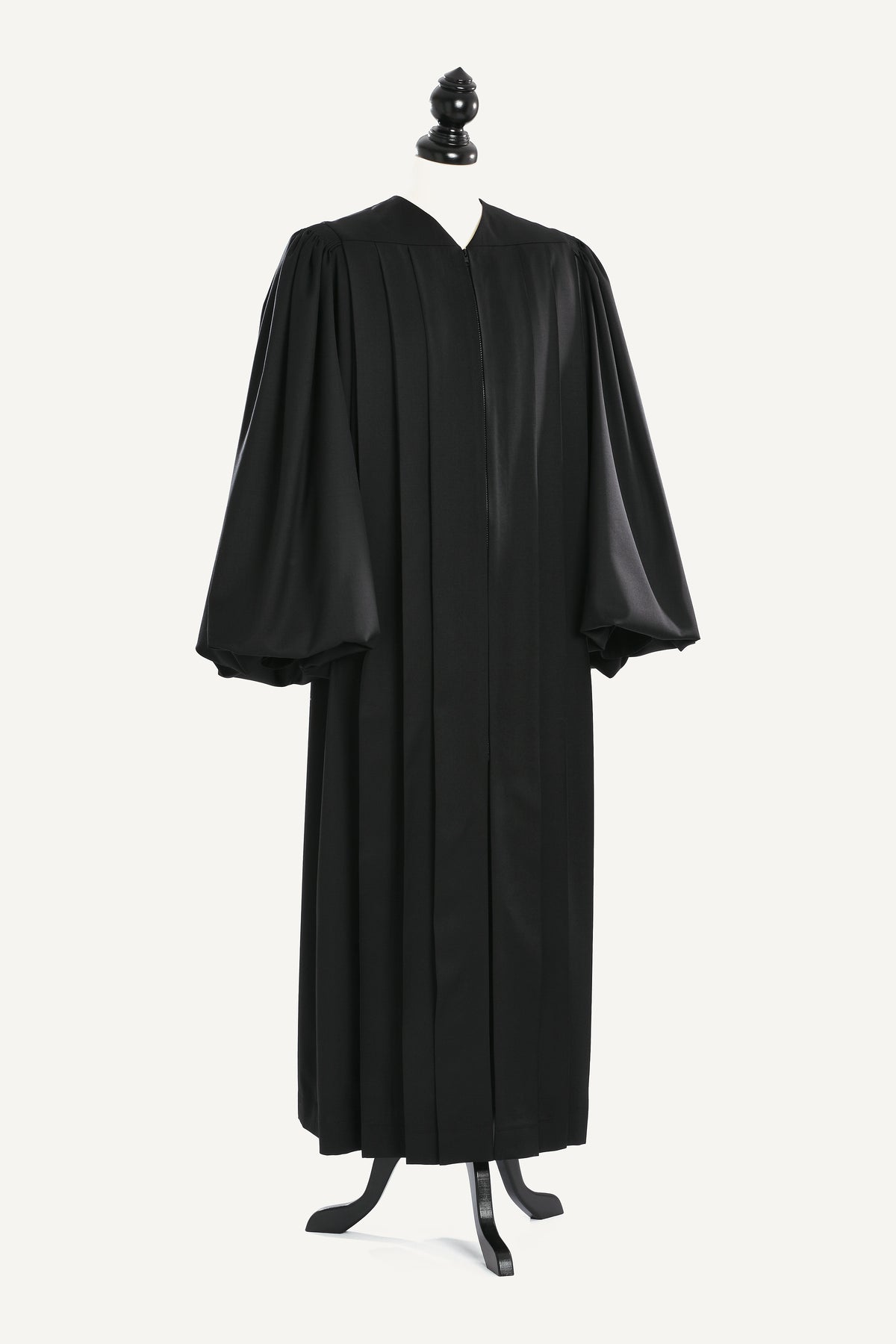 Magisterial US Judge Robe — front view on bust and stand, studio photograph