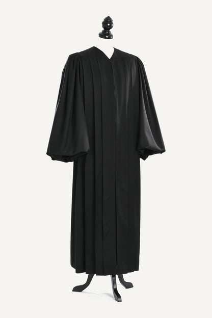 Magisterial US Judge Robe — front view on bust and stand, studio photograph