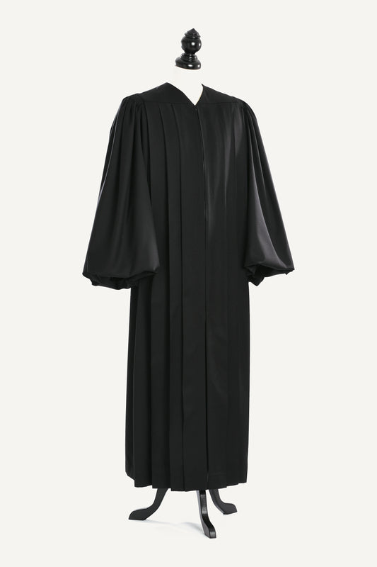 Magisterial US Judge Robe — front view on bust and stand, studio photograph