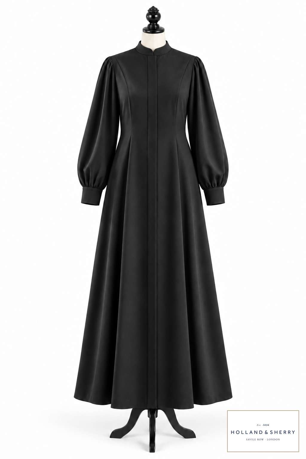 Women's preaching robe with shaping seams and a stand collar on a dress form – style visualisation · Royal Mile