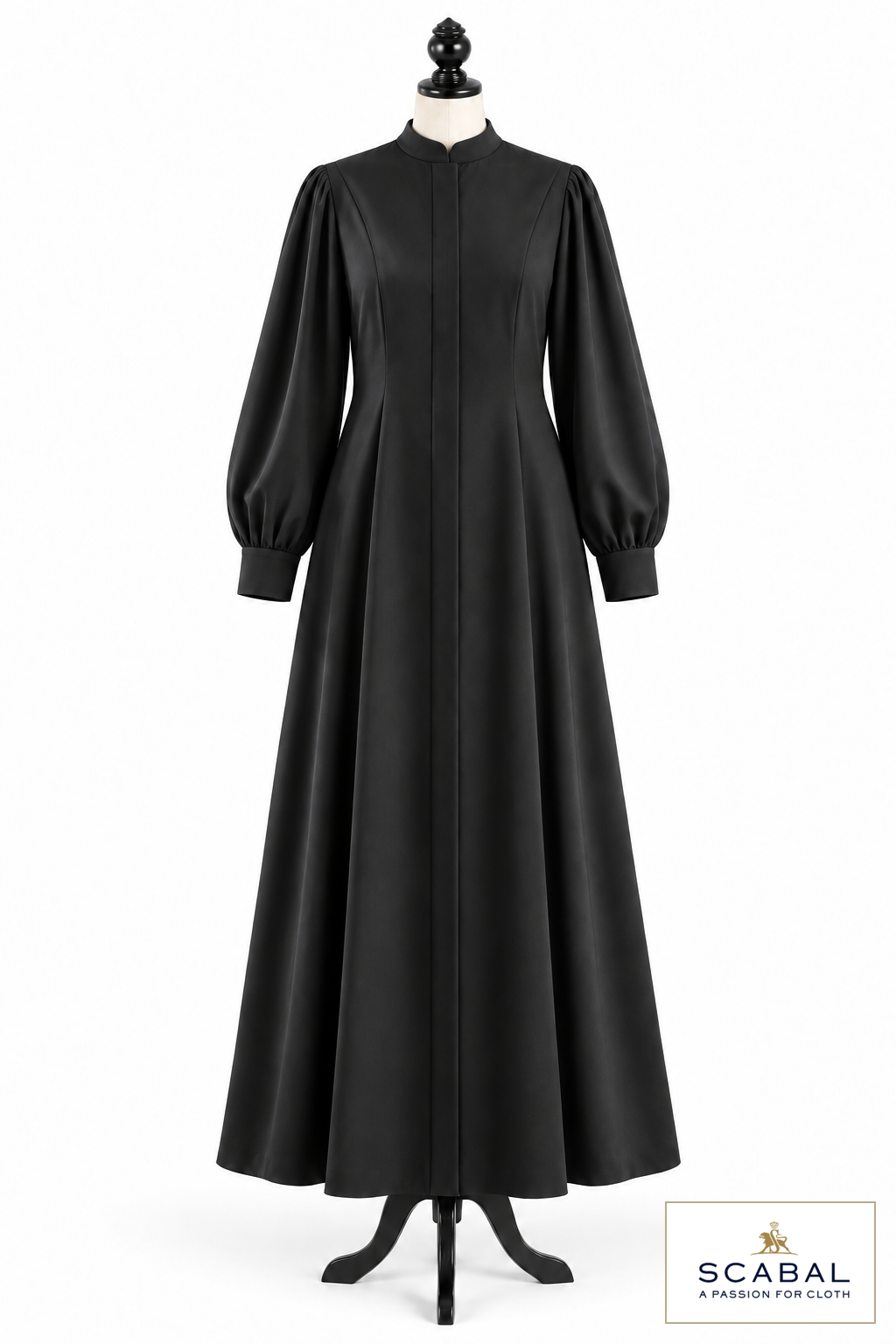 Women's preaching robe with shaping seams and a stand collar on a dress form – style visualisation · Capri Cool Wool