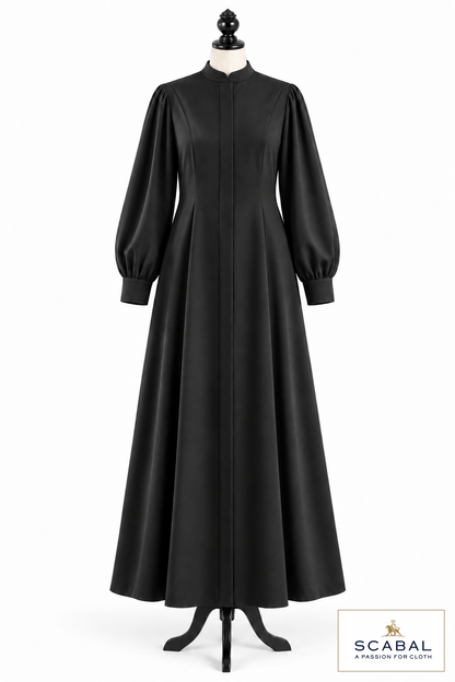 Women's preaching robe with shaping seams and a stand collar on a dress form – style visualisation · Capri Cool Wool