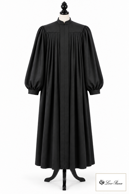 Rabbi and cantor robe with a generous silhouette, yoke and pleats on a dress form – style visualisation · Summer Tasmanian