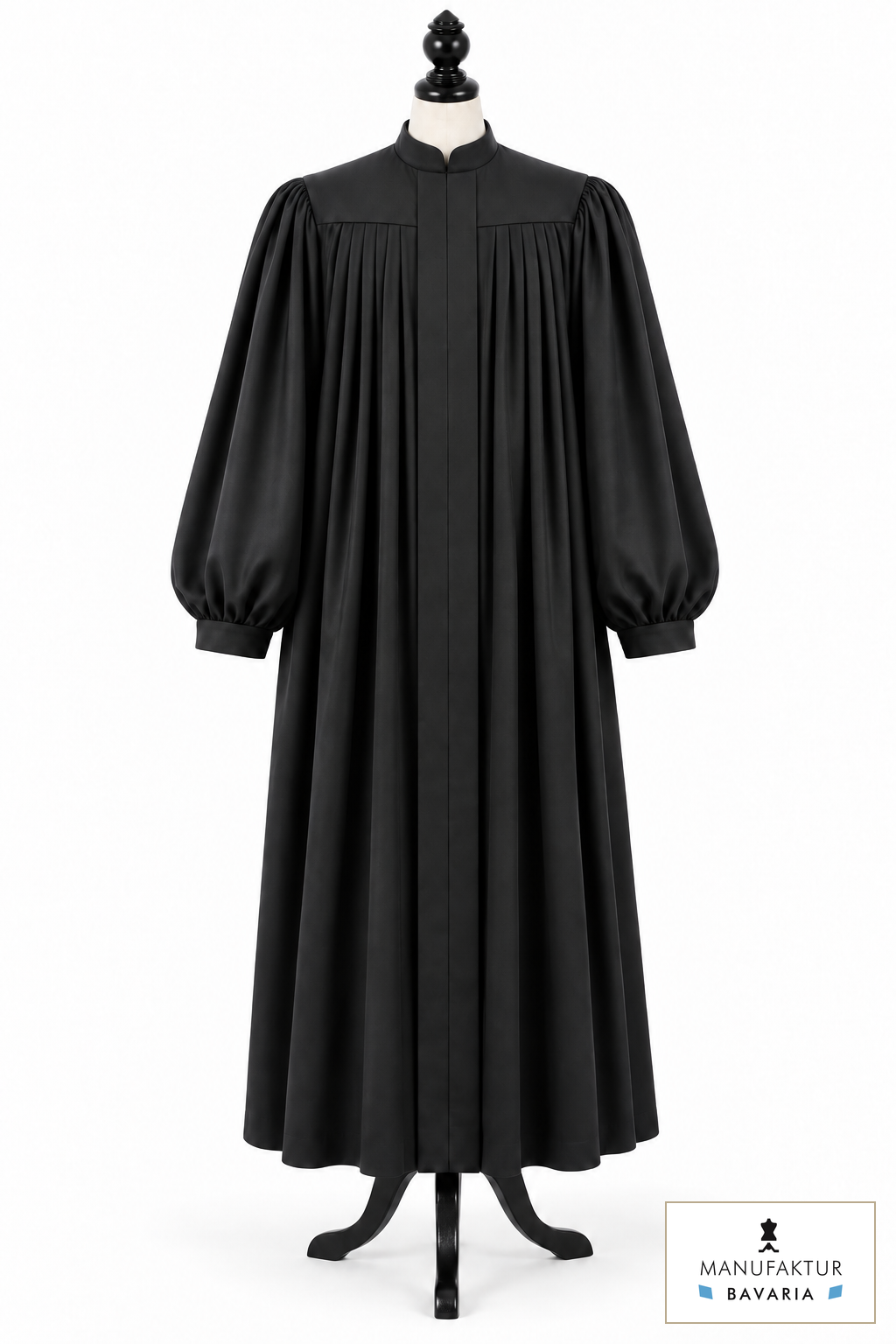 Rabbi and cantor robe with a generous silhouette, yoke and pleats on a dress form – style visualisation · Royal Regalia