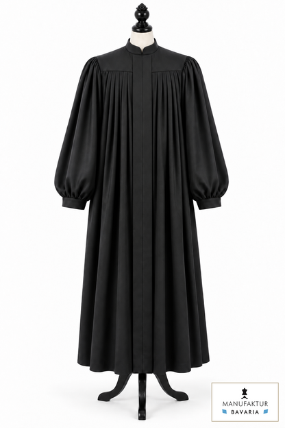 Rabbi and cantor robe with a generous silhouette, yoke and pleats on a dress form – style visualisation · Royal Regalia
