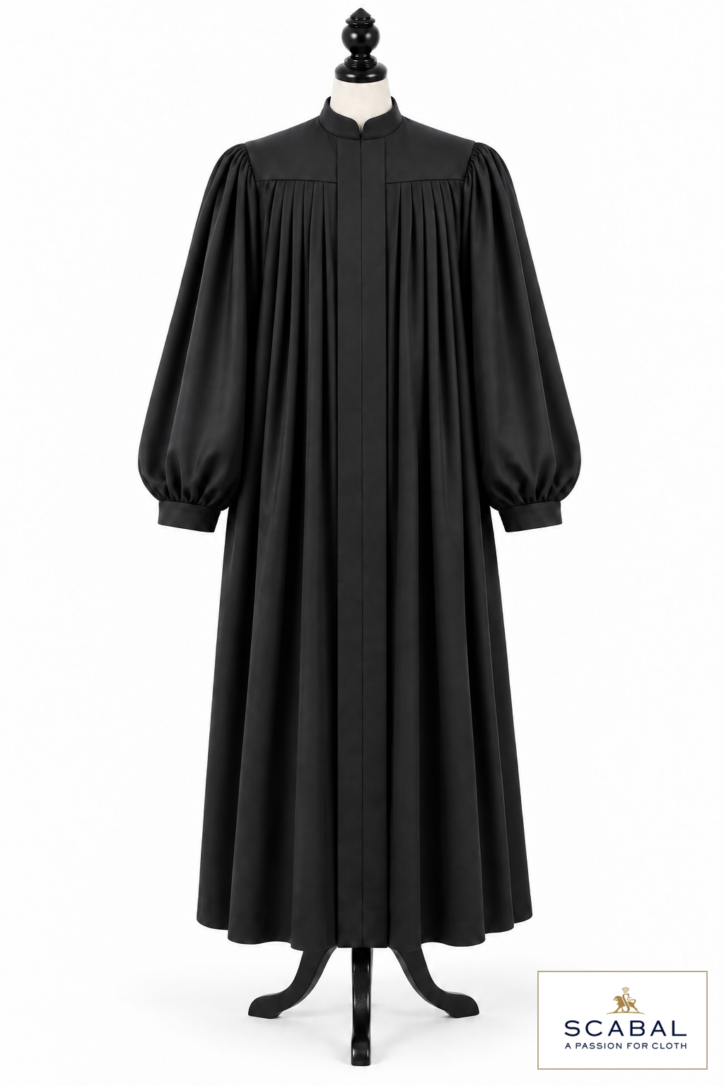 Rabbi and cantor robe with a generous silhouette, yoke and pleats on a dress form – style visualisation · Capri Cool Wool