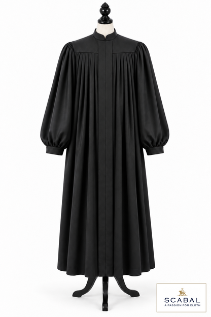 Rabbi and cantor robe with a generous silhouette, yoke and pleats on a dress form – style visualisation · Capri Cool Wool