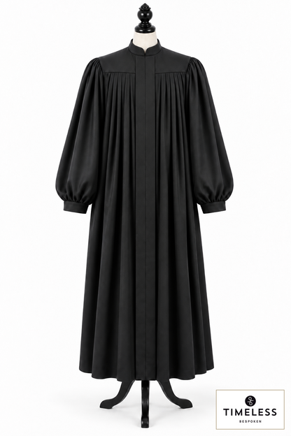 Rabbi and cantor robe with a generous silhouette, yoke and pleats on a dress form – style visualisation · Silver Wool, Gold Silk