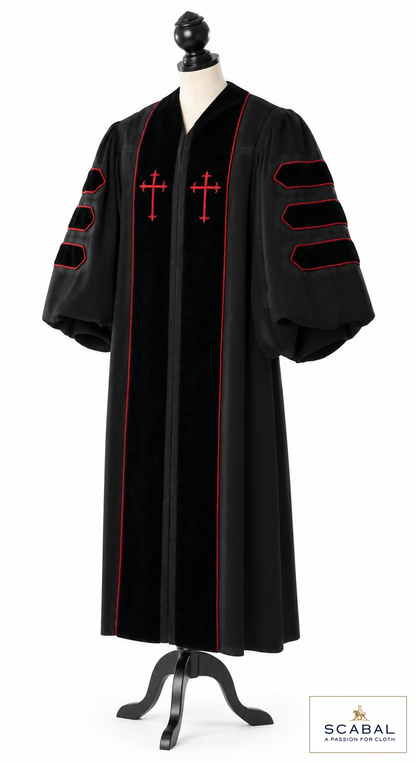 Dr. of Divinity Clergy Robe – front view with fabric logo Scabal