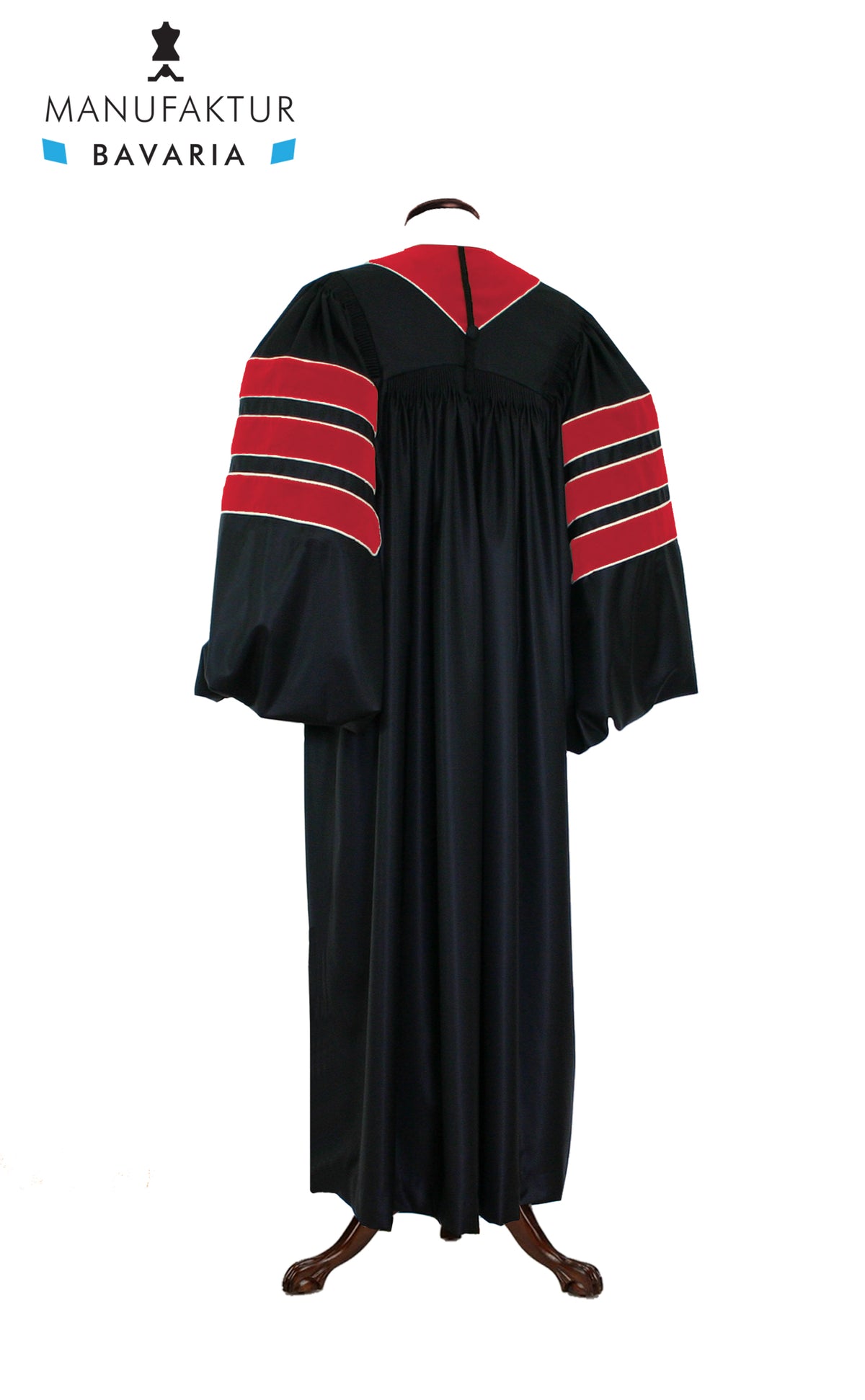 Journalism doctoral gown — back view with crimson velvet trim