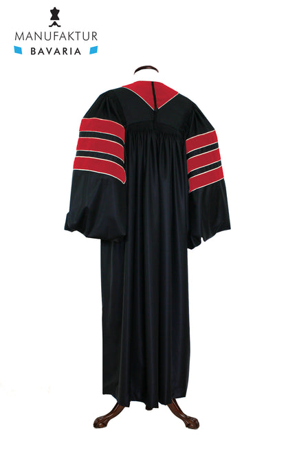 Journalism doctoral gown — back view with crimson velvet trim
