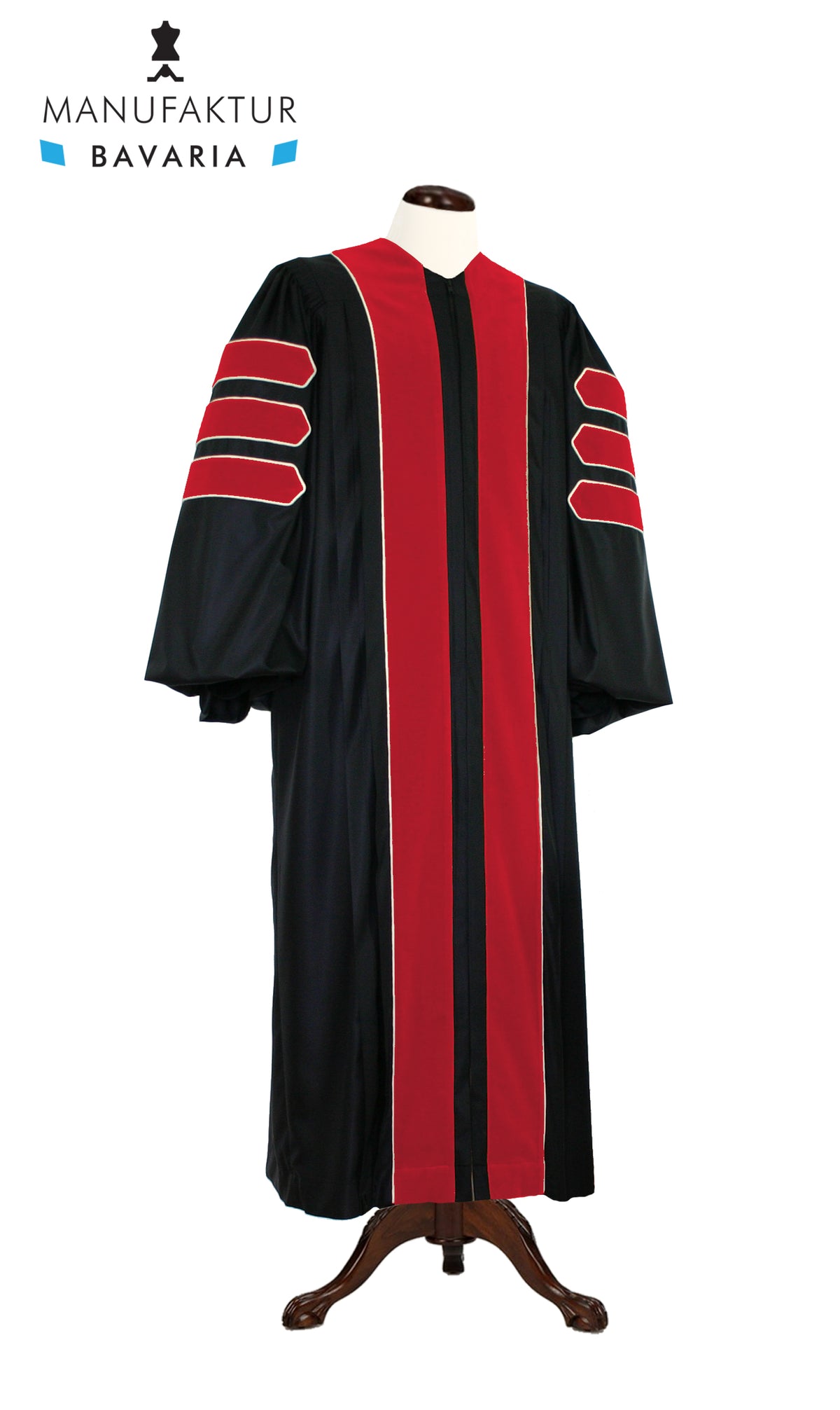 Journalism doctoral gown — front view with crimson velvet trim