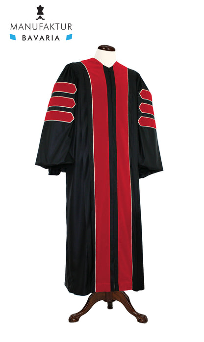 Journalism doctoral gown — front view with crimson velvet trim