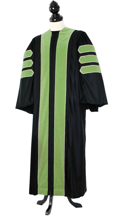 Sociology doctoral gown with velvet panels and sleeve chevrons, front view