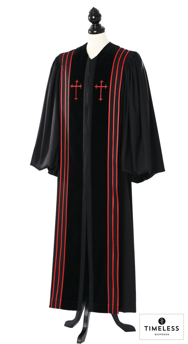 Bishop Clergy Robe – Silver Wool / Gold Silk – original photograph with fabric logo
