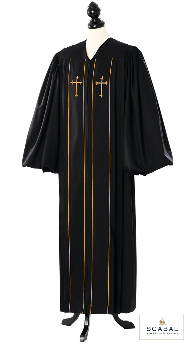 Custom Cleric Clergy Gold Robe – Capri Cool Wool – original photograph with fabric logo
