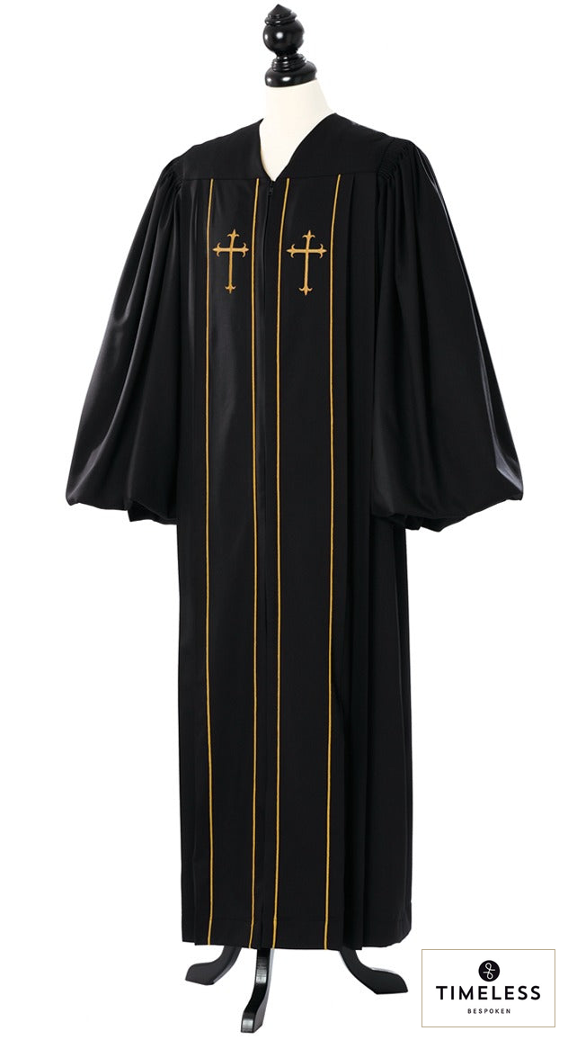 Custom Cleric Clergy Gold Robe – Silver Wool / Gold Silk – original photograph with fabric logo