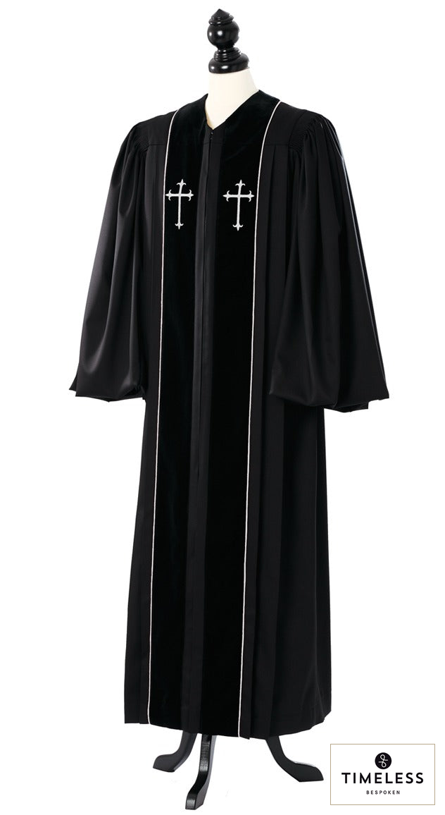 Custom John Wesley Clergy Robe – Silver Wool / Gold Silk – original photograph with fabric logo