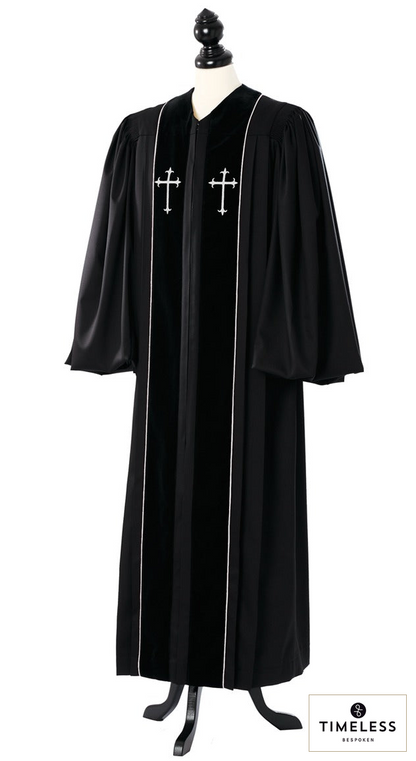 Custom John Wesley Clergy Robe – Silver Wool / Gold Silk – original photograph with fabric logo