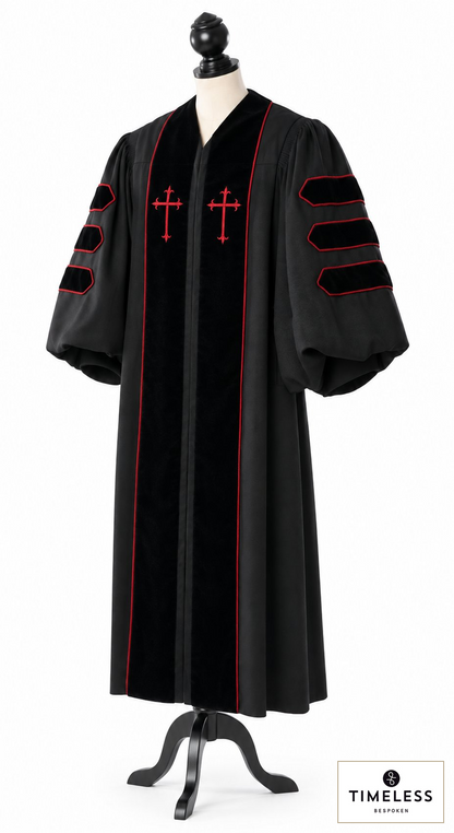 Dr. of Divinity Clergy Robe – Silver Wool / Gold Silk – original photograph with fabric logo