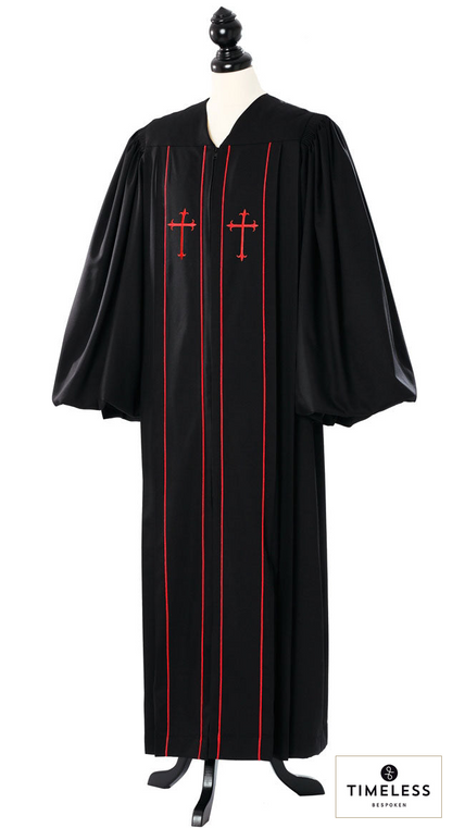 Clerical Pulpit Robe – Silver Wool / Gold Silk – original photograph with fabric logo