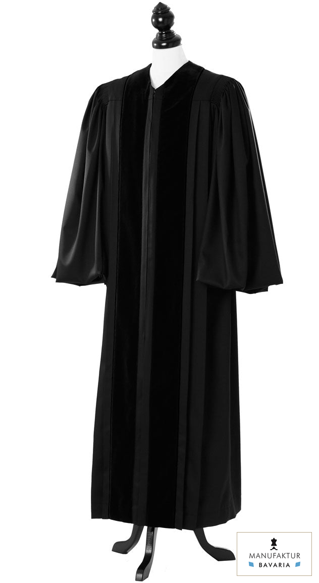 Front Velvet Geneva Clergy Robe – Royal Regalia – original photograph with fabric logo