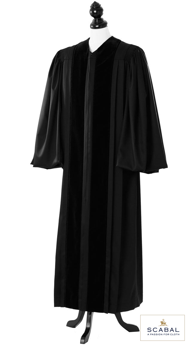 Front Velvet Geneva Clergy Robe – Capri Cool Wool – original photograph with fabric logo