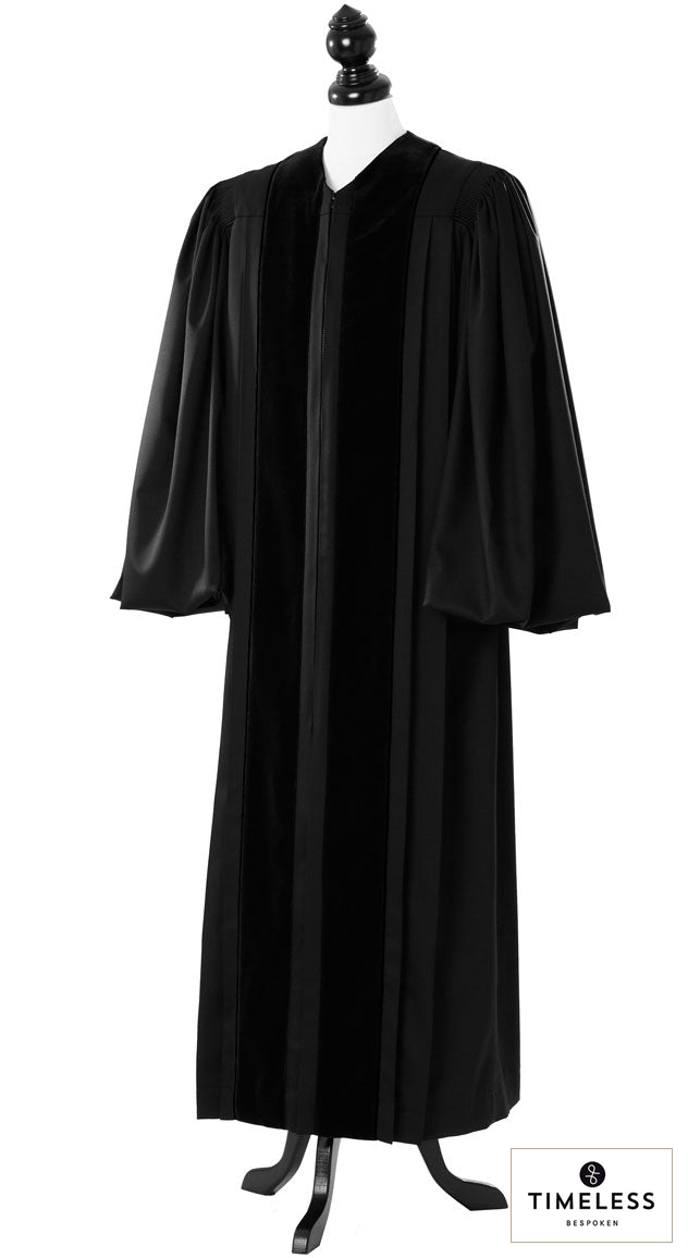 Front Velvet Geneva Clergy Robe – Silver Wool / Gold Silk – original photograph with fabric logo