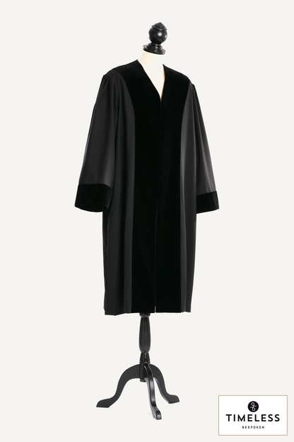 German Judge's Robe — Silver Wool / Gold Silk — studio photograph with fabric house mark