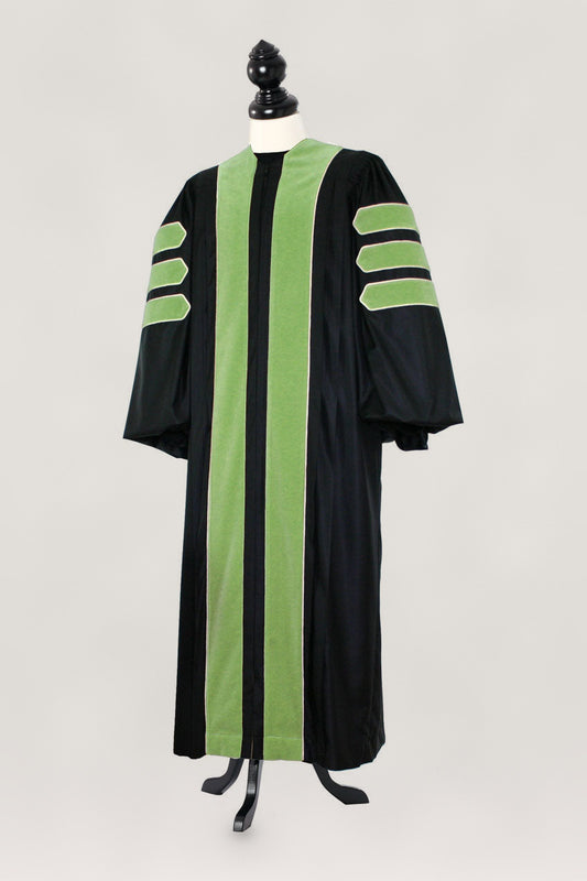 Sociology doctoral gown with velvet panels and sleeve chevrons, front view