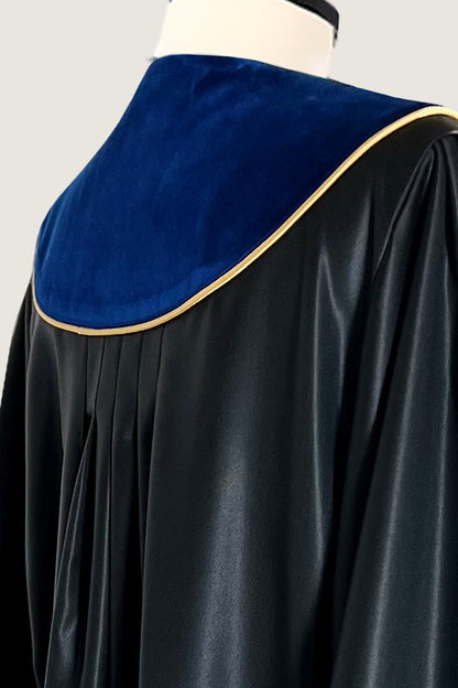 UPC Appeal Robe – Custom Tailored Judicial Robe — royal blue velvet collar with gold piping at the back, close-up