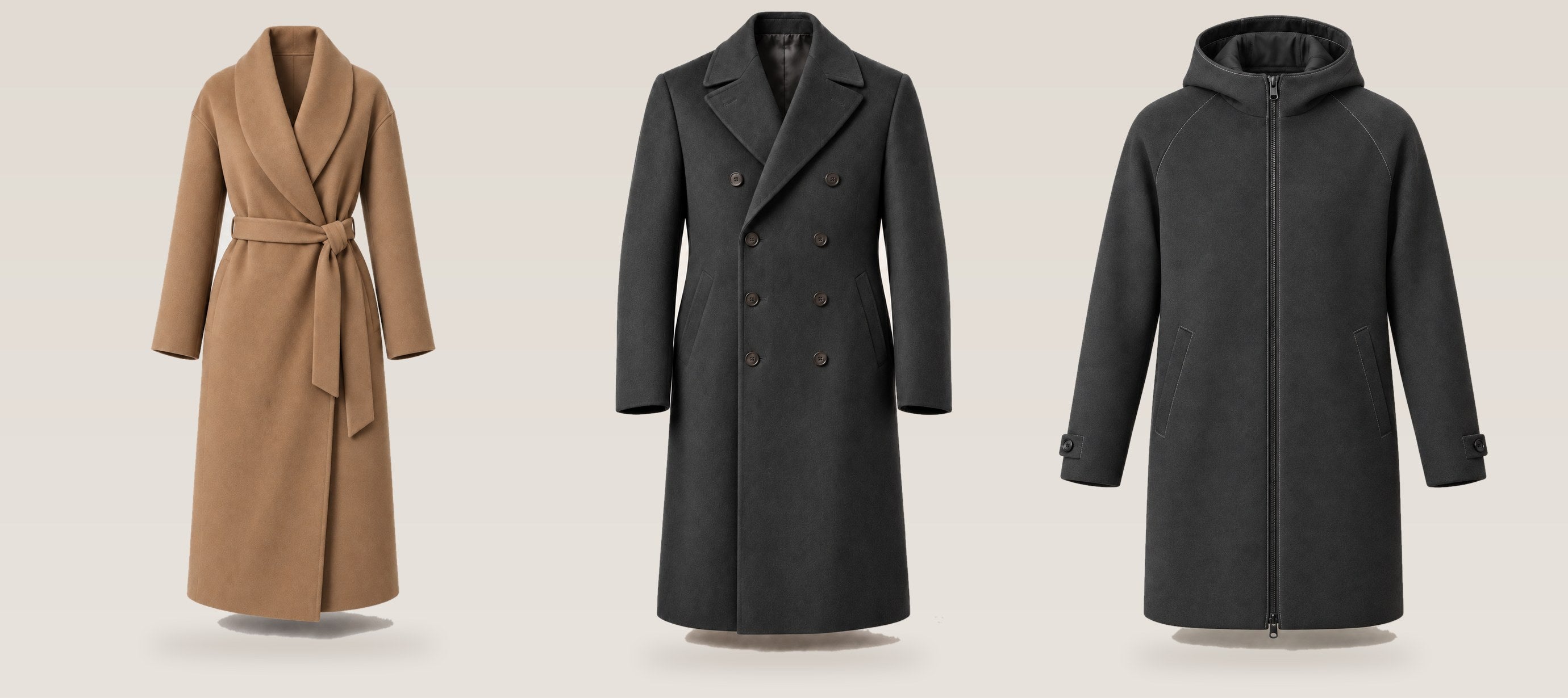 Three coats from the House Collection: a wrap coat in Camel, a double-breasted Ulster in Charcoal and a hooded parka in Charcoal.