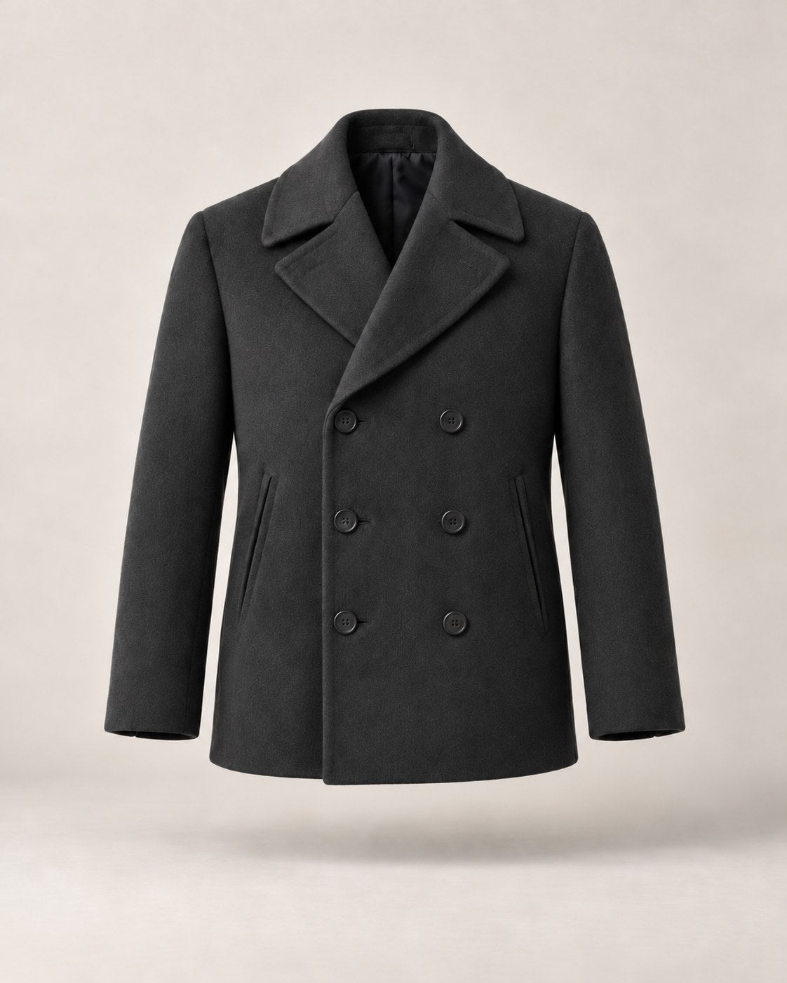 Short double-breasted peacoat in Charcoal with a broad collar and six horn buttons.