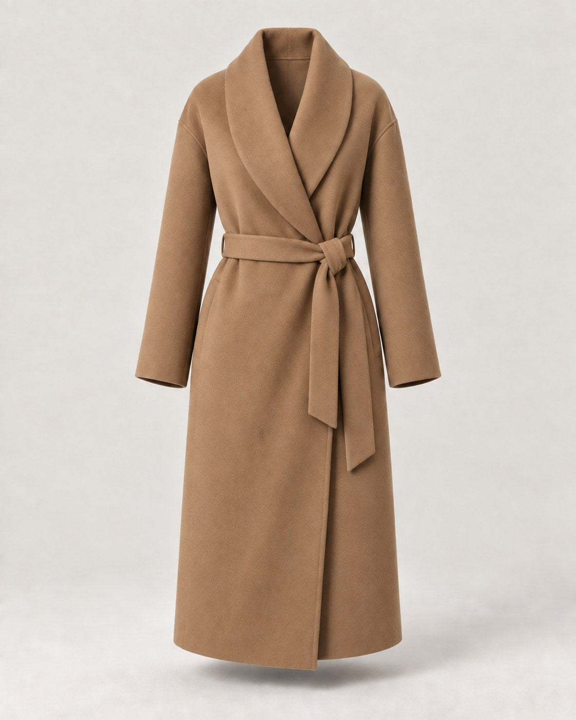Women’s wrap coat in Camel with a shawl collar and tied belt.