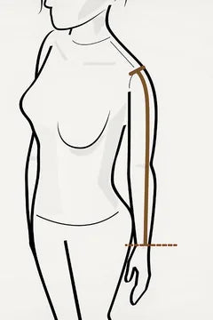 Side view, line from the shoulder seam down the outside of the hanging arm to the wrist bone
